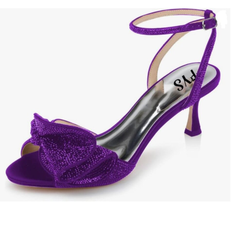 FYS Purple Rhinestones Bow Peep Toe High Heel Ankle Strap Satin Dress Sandals